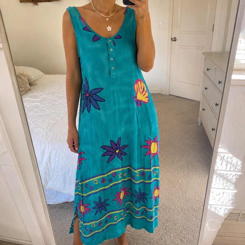 Down Under Dress Teal Rayon Floral Seashell Maxi VTG 90s Tropical Coastal Boho M